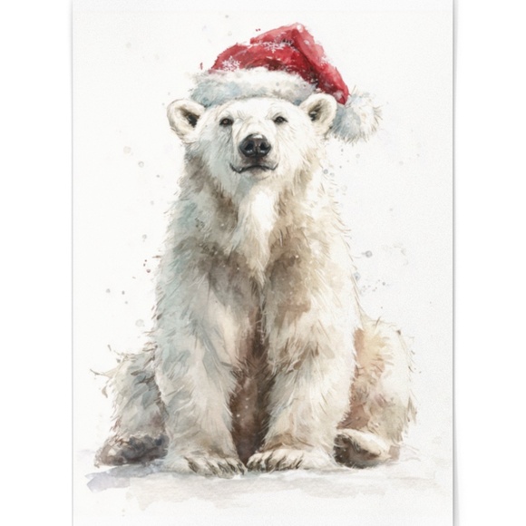 Watercolor Polar Bear with Red Scarf Portrait Wall Art Print Poster, Unframed - Picture 2 of 5